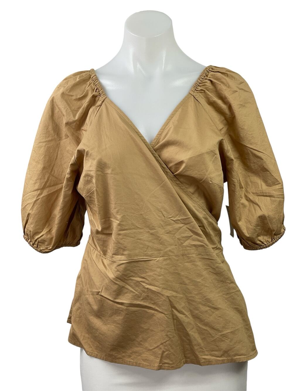 NEW Old Navy Brown Short Puff-Sleeve Smocked Back V-neck Wrap Tie Blouse Top L